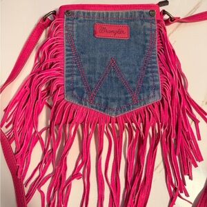 Wrangler Denim and Pink Fringe Crossbody Bag
